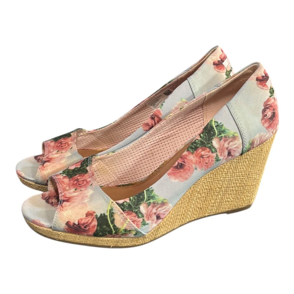 Toms Floral Canvas Peep Toe Wedge Sandals in Pink and Green